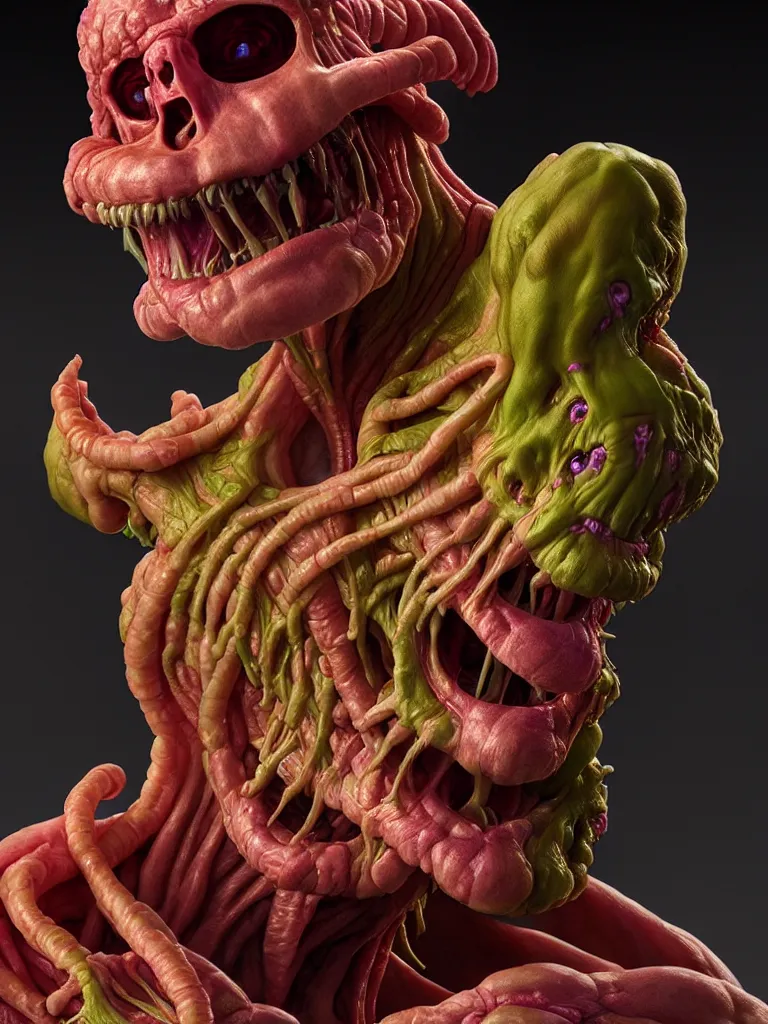 Image similar to hyperrealistic rendering, fat smooth cronenberg flesh monster skeletor by donato giancola and greg rutkowski and wayne barlow and zdzisław beksinski, product photography, action figure, sofubi, studio lighting, colored gels