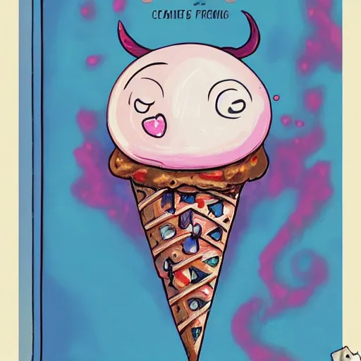 Image similar to crying cute eyes mouth pink ice cream, blue waffle cone, jester themed, intricate concept art, thick line drawing, 1 9 8 3 horror painted book cover art