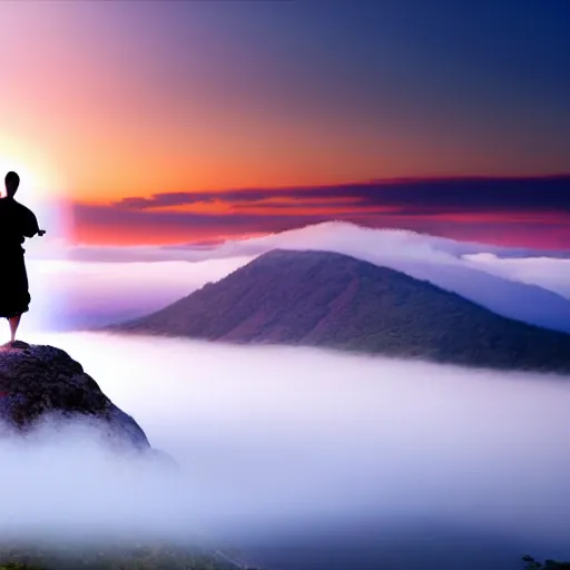 Prompt: a monk training on top of a mountain, fog, painting , sunset, beautiful, artsty