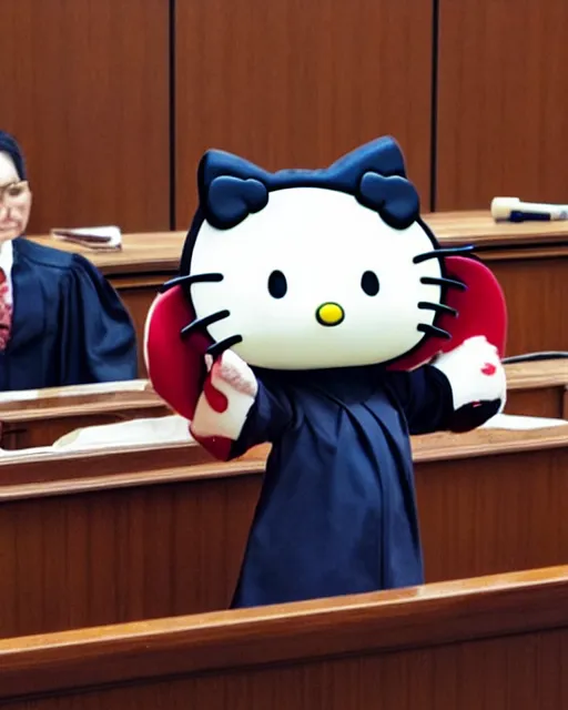 Prompt: photo of judge Hello Kitty, in a courtroom