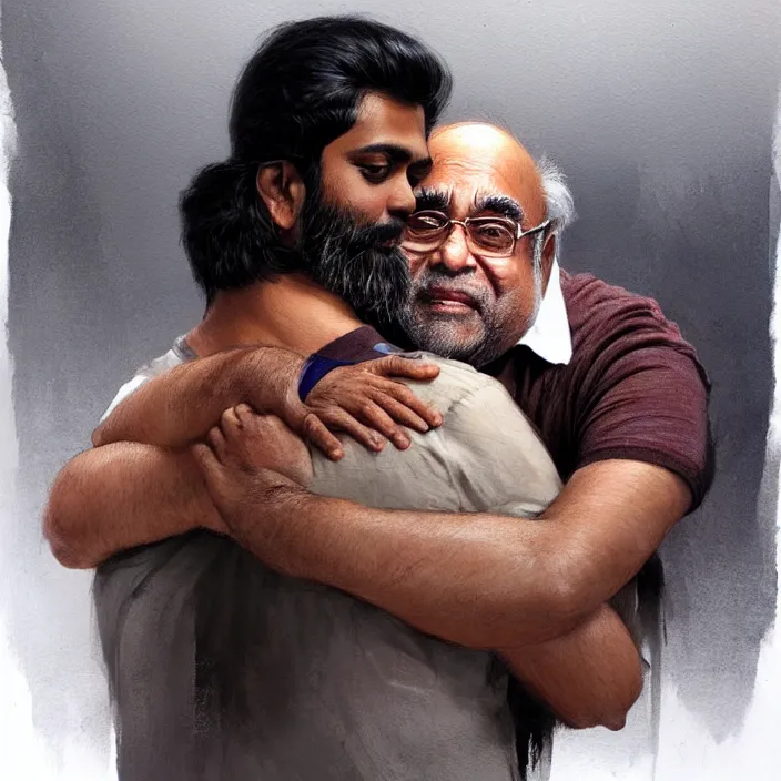 Image similar to portrait of tall indian man hugging danny devito, elegant, real life skin, intricate artwork, high detailed, artstation, concept art, smooth, sharp focus, art by artgerm and greg rutkowski