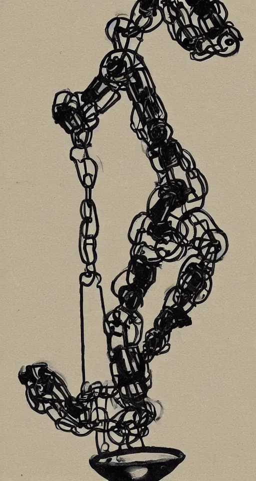 Image similar to a robot hanging by chains upside down peacefully, beautiful Japanese ink painting inspired by the hanged man tarot card, sharp lines