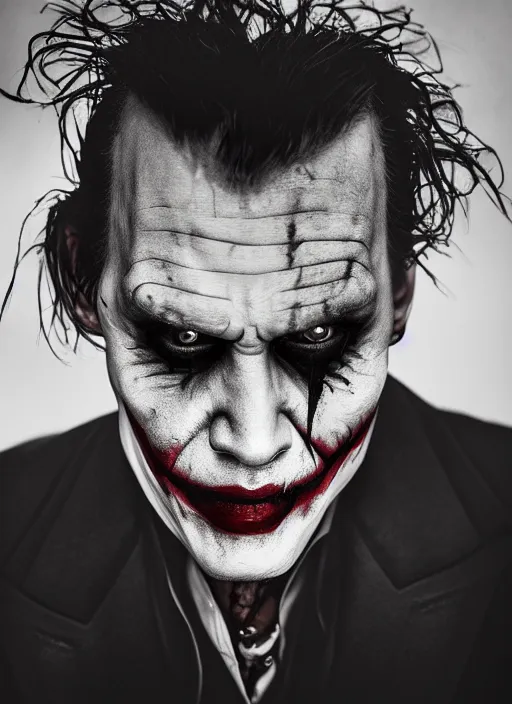 Image similar to photo of Johnny Depp as the Joker by Lee Jeffries , big smile, head shot, detailed, award winning, Sony a7R