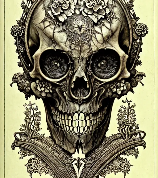 Image similar to memento mori by arthur rackham, art forms of nature by ernst haeckel, exquisitely detailed, art nouveau, gothic, ornately carved beautiful skull dominant, intricately carved antique bone, art nouveau botanicals, ornamental bone carvings, art forms of nature by ernst haeckel, horizontal symmetry, arthur rackham, ernst haeckel