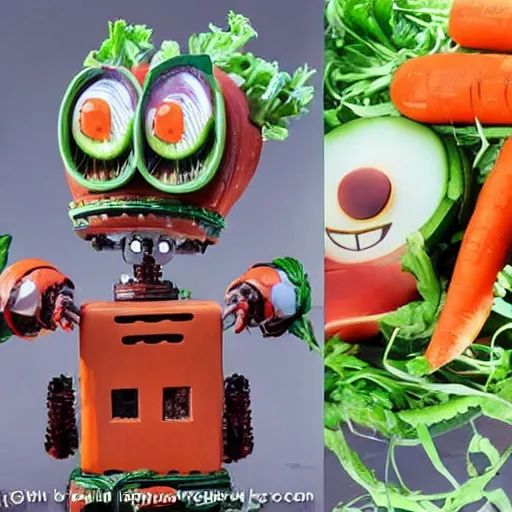 Image similar to robot made of vegetables, tomato head and a carrot sword, made in abyss style