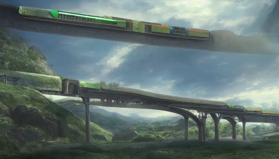 Prompt: futuristic train driving over aqueduct, green hills, matte painting, artstation, sunrise, blue sky, solarpunk