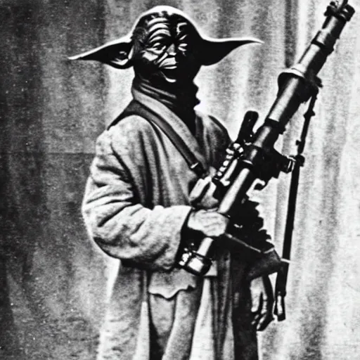 Prompt: old wartime photograph of yoda from star wars holding a lewis gun, 1 9 1 7