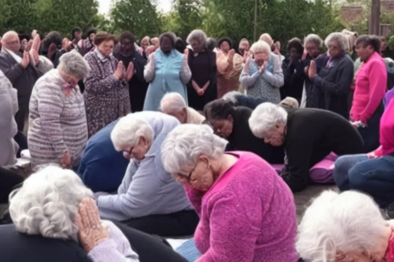 Image similar to people praying for god to resurrect a old lady