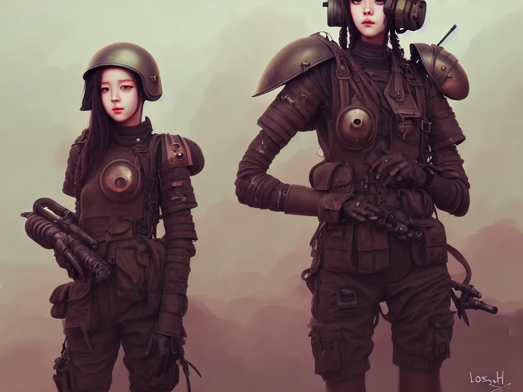 Image similar to portrait blackpink jisoo of dieselpunk soldier girl, helmet, desert, armored, highly detailed, digital painting, face detail, sharp focus, art, illustrations by loish and ayanamikodon and irakli nadar and rossdraws and wlop