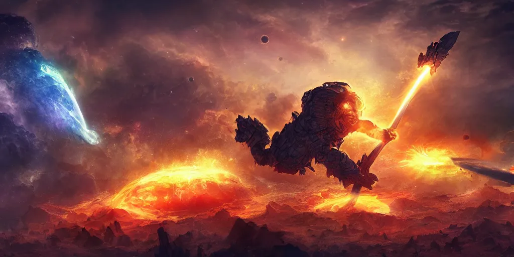 Image similar to space giant destroying a planet with its axe, fantasy apocalypse, digital art, 4 k, mmo