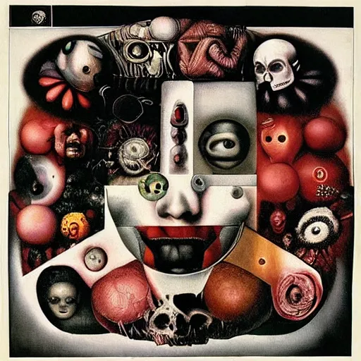 Image similar to post - punk new age album cover, asymmetrical design, anti capitalism, magic, apocalypse, psychedelic, black white pink, magic, giger h. r., giuseppe arcimboldo