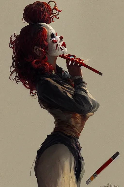 Prompt: horror clown girl pondering nuclear destruction smoking a cigarette, highly detailed, digital painting, artstation, concept art, smooth, sharp focus, illustration, art by artgerm and greg rutkowski and alphonse mucha and loish and WLOP