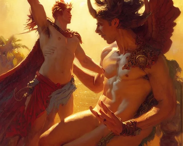 Image similar to attractive pagan male deity, summoning handsome lucifer morning star. highly detailed painting by gaston bussiere, craig mullins, j. c. leyendecker 8 k