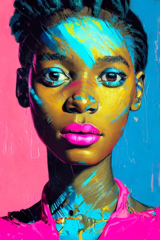 Image similar to portrait of a stylized african young lady, painted in acrylic, pigment textures, in the colors hot pink and cyan, beautiful realistic face, rule of thirds, spotlight, by greg rutkowski, by jeremy mann, by francoise nielly, by van gogh, by ross tran, in focus