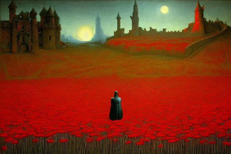 Image similar to only with red, red mushrooms of different types, a red tiger, a castle in the background, medieval demons dance over the flowers, an ancient path, in the style of beksinski, part by hopper, part by rodcenko, part by hofbauer, intricate composition, red by caravaggio, insanely quality, highly detailed, masterpiece, red light, artstation