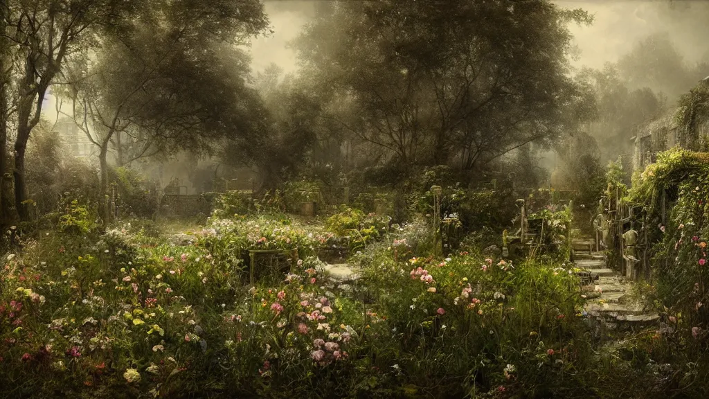 Image similar to the secret garden is overgrown with weeds and growth. no snow. andreas achenbach, artgerm, mikko lagerstedt, zack snyder, tokujin yoshioka