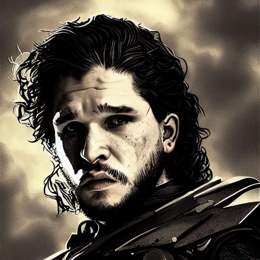 Image similar to kit harington portrait, dystopia core, apocalyptic, armor, warrior, dramatic, sharp focus, fiction, neon, fantasy, hyper detailed, digital art, trending in artstation, cinematic lighting, studio quality, smooth render, unreal engine 5 rendered, octane rendered, art style and nixeu and wlop and krenz cushart