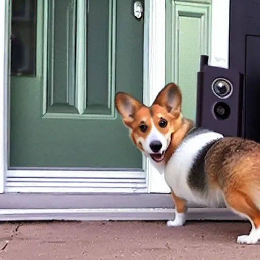 Image similar to front door security camera footage of a corgi mistaken as a delivery package