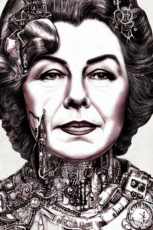 Image similar to heroine, beautiful,vintage ink style, cyberpunk queen elizabeth,ultra detailed, digital art, 8k ,character ,realistic, portrait, hyperrealistic