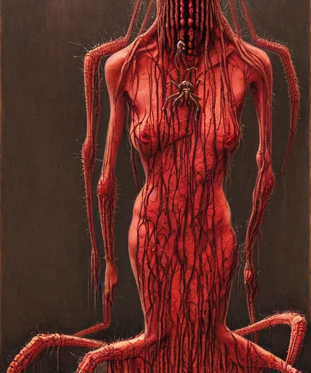 Image similar to woman standing. illustration of arachnophobia, fear of spiders, incredible amount of spiders, bugs. extremely high details, realistic, horror, creepy, masterpiece, art by hermann nitsch, zdzislaw beksinski, dariusz zawadzki, giger, dragan bibin