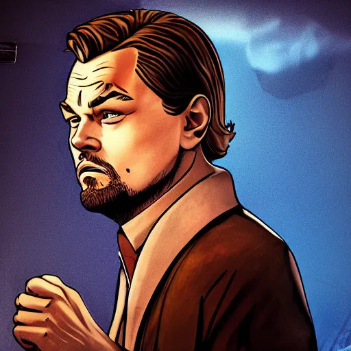 Image similar to leonardo dicaprio portrait, borderlands, tales from the borderlands, the wolf among us, comic, cinematic lighting, studio quality, 8 k