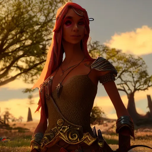 Image similar to texan sun elf jovially stops you from leaving a tavern, cinematic, fantasy, fit, 4 k, highly detailed