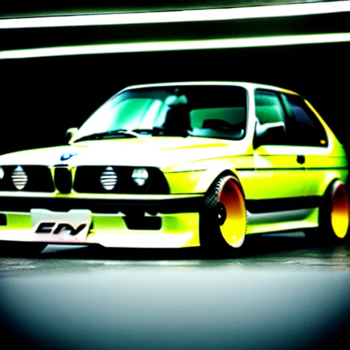 Image similar to a modified bmw e 3 0 with lights on in a futuristic neon parking garage, 3 5 mm photography, car photography, clean lines, realistic