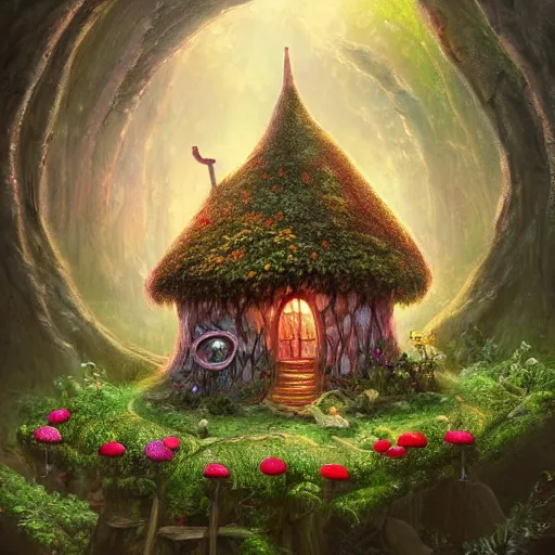 Prompt: a celestial dainty fairy cottage in a tree trunk decorated beautifully, lots of cute fairy design elements like toadstool mushrooms, warm sunlight shining in, lots of plants and flowers, concept art 8 k resolution, fantasy illustration, detailed painting, and deep color