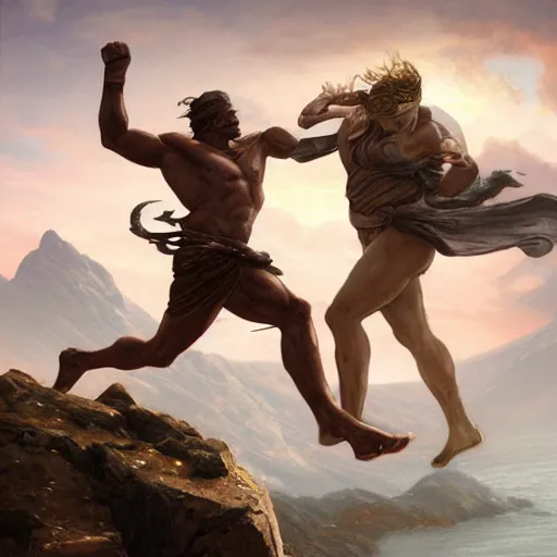 Prompt: an spartan man kicking an spartan woman off a cliff, sunset, sunny, cloudy, digital painting, artstation, concept art, soft light, hdri, smooth, sharp focus, illustration, fantasy, intricate, elegant, highly detailed, D&D, matte painting, in the style of Greg Rutkowski and Alphonse Mucha and artemisia, 8k,