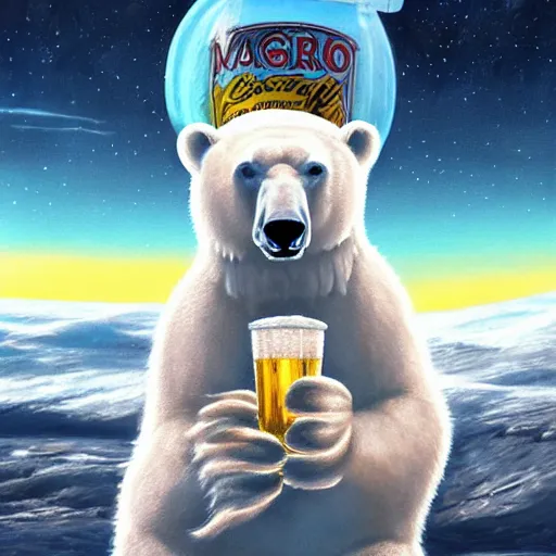 Prompt: polar bear drinking beer on iceberg in mars, beer can in hand, beer can, outer space, planet mars, illustration, computer painting, high resolution,, trending on deviantart, hdr, hyper detailed, insane details, intricate, elite, ornate, dramatic lighting