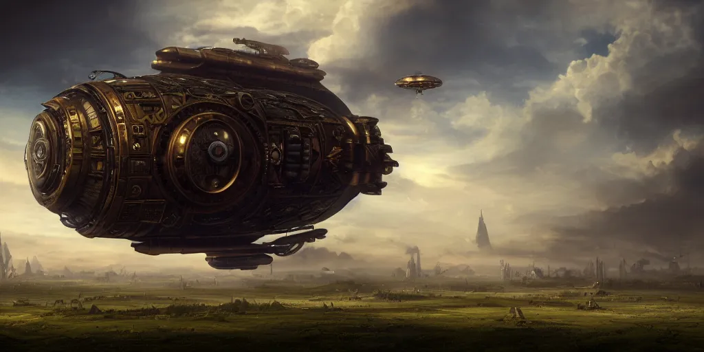 Prompt: steampunk spaceship hovering over fields and small houses, science fiction digital art, award winning, trending on artstation, digital art. highly detailed 8 k. intricate. lifelike. soft light. nikon d 8 5 0.