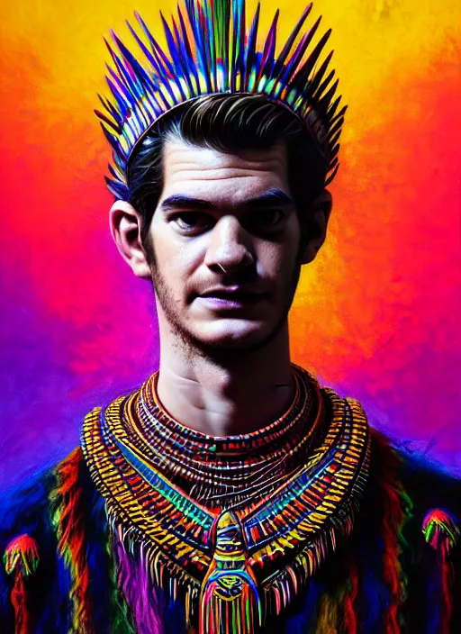Image similar to portrait of andrew garfield, hyper detailed ultra sharp aztec shaman warrior. trending on artstation, warpaint aesthetic, bloodwave, colorful, psychedelic, ornate, intricate, digital painting, concept art, smooth, sharp focus, illustration, art by artgerm and greg rutkowski and h. r. giger, 8 k