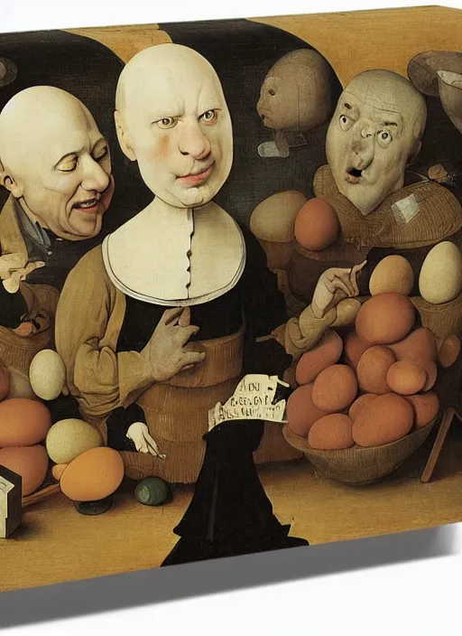 Prompt: carton of gregs'eggs with silly round humpty dumpty jack black facial expressions, realistic, by hieronymus bosch and pieter brueghel