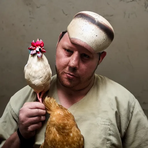 Image similar to prisoner using a chicken head