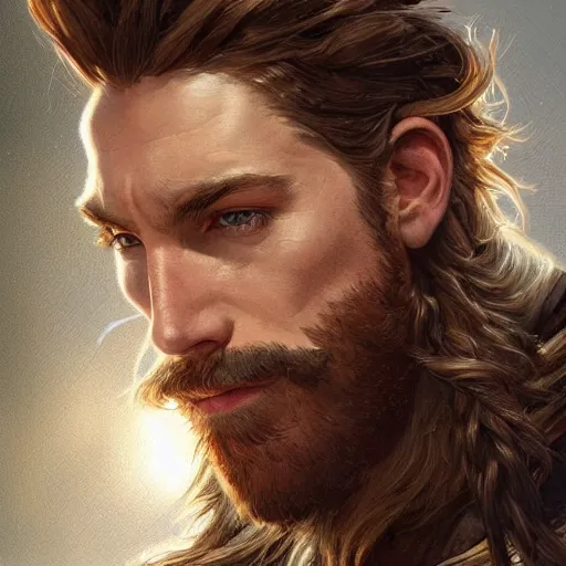 Image similar to portrait of a young, ruggedly handsome ranger, soft hair, muscular, half body, hairy, d & d, fantasy, intricate, elegant, highly detailed, digital painting, artstation, concept art, smooth, sharp focus, illustration, art by artgerm and greg rutkowski and alphonse mucha