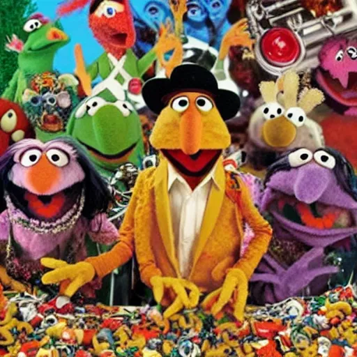 Prompt: gonzo from muppets in a bowl of macaroni, death metal album cover