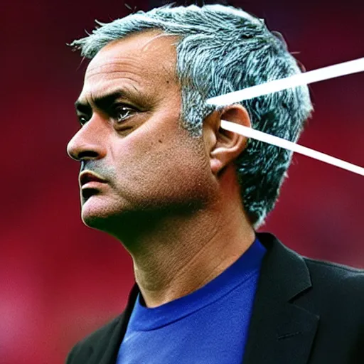 Image similar to jose mourinho flying in the sky throwing lasers from his eyes, award winning photograph