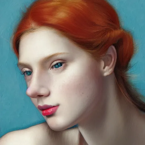 Image similar to a highly detailed, hyper realistic, gorgeous portrait, red haired young woman, among golden fireflies, long hair, green eyes, hint of freckles, round gentle face, cheeky smile with red lips, deep focus, elegant, digital painting, smooth, sharp, golden ratio, illustration, art by artemisia lomi gentileschi and artgerm