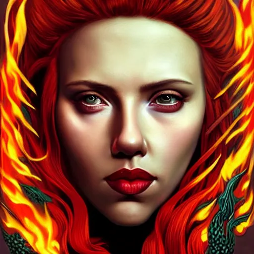 Prompt: queen of hell portrait of scarlett johansson, fire and flame, big long hell serpent octopus, Pixar style, by Tristan Eaton Stanley Artgerm and Tom Bagshaw.
