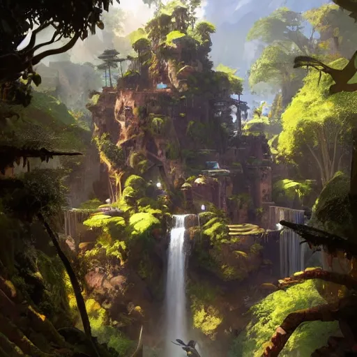 Image similar to roughly cylindrical overwatch headquarters carved inside a mountain surrounding a lush well kept garden, central waterfall, magical, natural light, fantasy, sharp focus, concept art, by greg rutkowski and craig mullins, cozy atmospheric