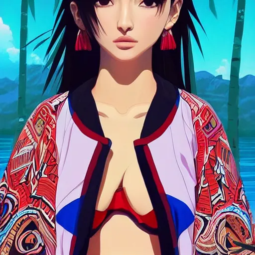 Image similar to a beautiful young japanese natalie portman alluring gravure model, stylized concept art, wearing elegant designer bomber jacket and one piece bikini, bomber jacket with mesoamerican patterns, mesoamerican native street fashion, princess mononoke, painted by ilya kuvshinov aesthetic, gorgeous, stunning, alluring, attractive, artstation, pinterest, digital art