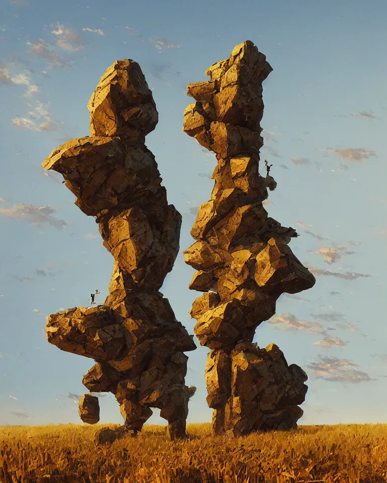 Image similar to wide shot of a tall and thin rocky statue hovering vertically in the air ten feet above a cornfield, late afternoon, golden hour, dramatic lighting, cinematic, highly detailed, smooth, sharp focus, concept art by greg rutkowski and john berkey and syd mead