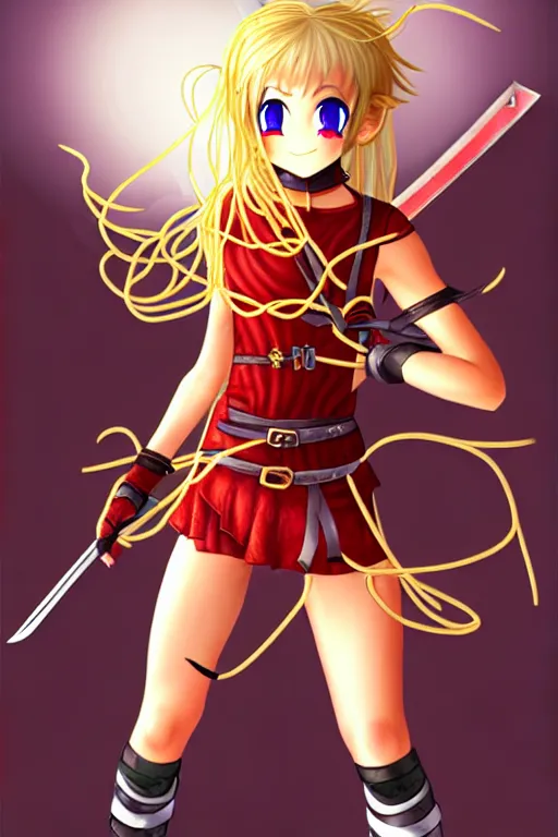 Prompt: A cute spaghetti-girl thief protagonist with leather-strap-armor and ninja weapons is exploring the tenth reality. A highly detailed fantasy character.