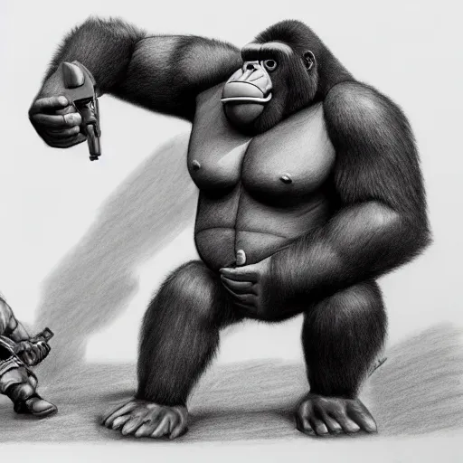 Prompt: a very detailed pencil drawing of heavy from tf 2 fighting a gorilla 4 k, high resolution, still, landscape, hd, dslr, hyper realistic, sketch