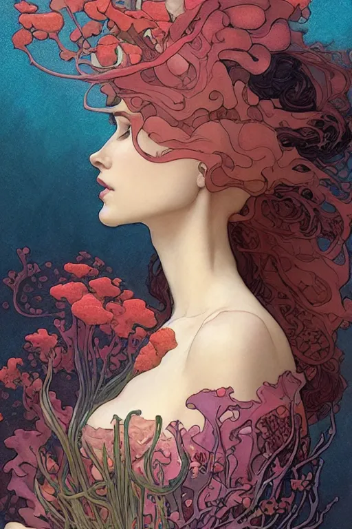 Image similar to profile portrait of a beautiful mysterious woman underwater, hidden hands holding a bouquet of flowers, corals and fish, by eve ventrue, michael carson, andreas rochas, john watkiss, casey weldon, artgerm. art nouveau. tarot card by mucha. gloomhaven. swirly intricate linework background. gaudy colors, sharp edges. octane render