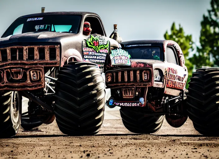 Prompt: photo of danny trejo driving the monster truck grave digger, 8 k, 8 5 mm f 5. 6