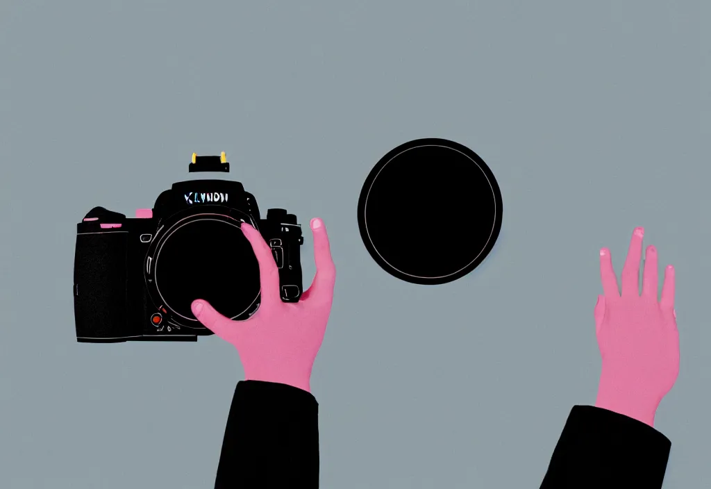 Image similar to first person view of a road coat sleeve arm hand grasping the back side rear angle viewfinder of a dslr camera with mount fuji image in viewfinder, in the style of wes anderson, rene magritte, lola dupre, david hockney, isolated on white background, dark monochrome neon spraypaint accents octane render