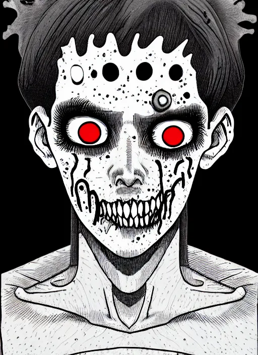 Image similar to junji ito style portrait of zombie teenage jughead jones wearing a light grey crown, zombie, crown, rotting skin, blind eyes, white eyes, crown, black hair, intricate, highly detailed, illustration, art by junji ito