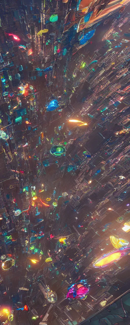 Image similar to elaborately detailed photo art of colorful multiple parachutes flying on cyberpunk city, high fantasy matte painting, atmospheric lighting, highly detailed illustration highlights, 8K detail post-processing, featured on DeviantArt, trending on cgsociety