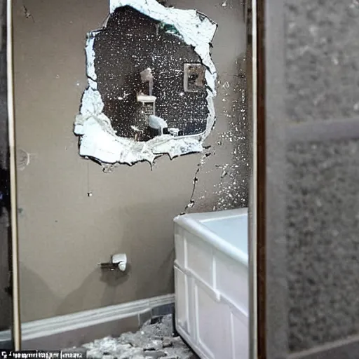 Prompt: a newspaper clipping with a photo showing a luxurious bathroom with a smashed mirror shattered on the floor